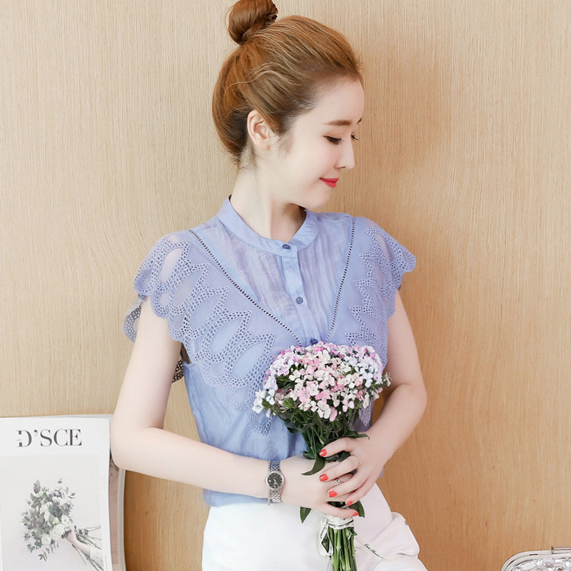 Voan áo sơ mi ngắn tay của phụ nữ ren hàng đầu 2018 mới tính khí mùa hè nước ngoài áo sơ mi nhỏ siêu cổ tích ngọt ngào và thủy triều mỏng