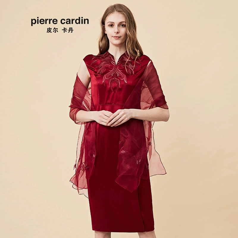 Pierre Cardin của phụ nữ 2020 Mùa hè mới màu đỏ tía Váy ngắn tay xu hướng Eo cao Sườn xám Váy một bước - Váy eo cao