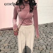 GAGAI 2018 mùa thu màu rắn cổ cao áo thun nữ cộng với áo nhung dày đáy quần áo thun dài tay mỏng