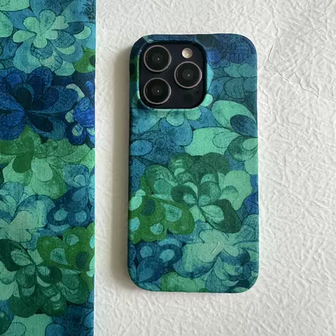 Blue Green Flower Print Pattern Girls Phone Cases Covers Unique Canvas Fabric iPhone 15, iPhone 14, iPhone 13, iPhone 12, iPhone 11
