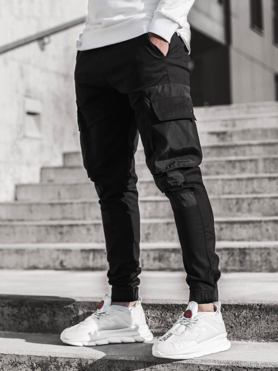 B62-j-blacknew pattern man Self cultivation Sports pants Splicing Tie one's feet Multiple pockets Casual pants Men " s slim trousers