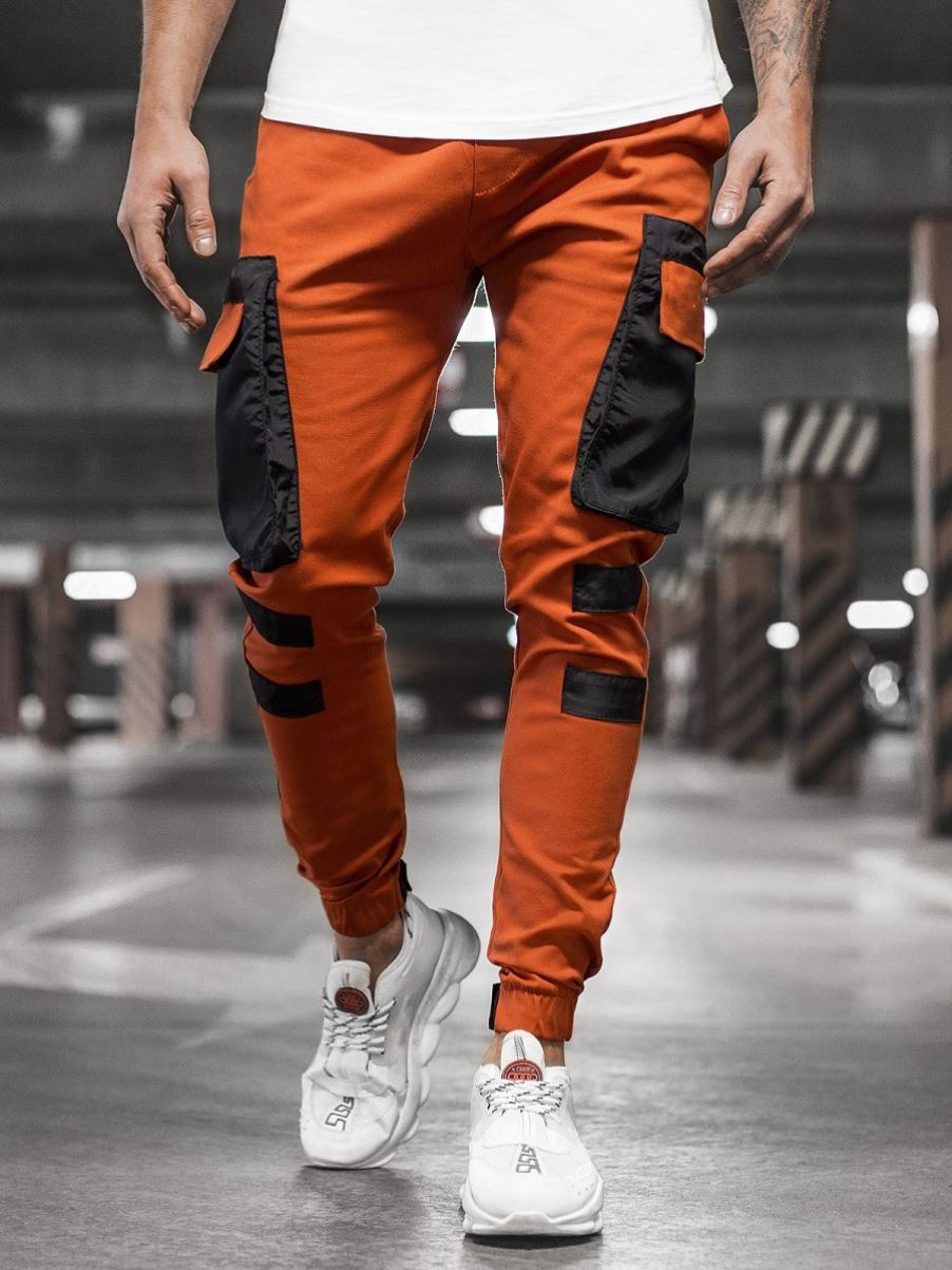 H74 Orangenew pattern man Self cultivation Sports pants Splicing Tie one's feet Multiple pockets Casual pants Men " s slim trousers