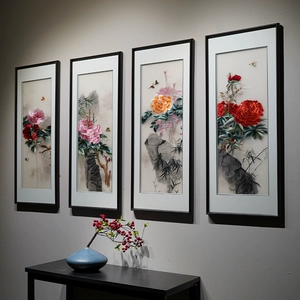 [苏绣成品挂画锦绣满堂四联客厅沙发背景牡丹苏州新中式刺绣装饰画]