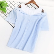 B7 áo sơ mi nữ mùa hè 2018 mới của Hàn Quốc phiên bản của giả hai mảnh của máy tim bị rò rỉ vai áo sơ mi ngắn tay sọc áo sơ mi triều hoang dã