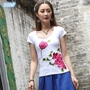 Vintage dân tộc ngắn tay t-shirt tay thêu kích thước lớn cotton màu xanh và trắng sứ t-shirt Trung Quốc phong cách mùa hè áo sơ mi nữ áo phông trơn