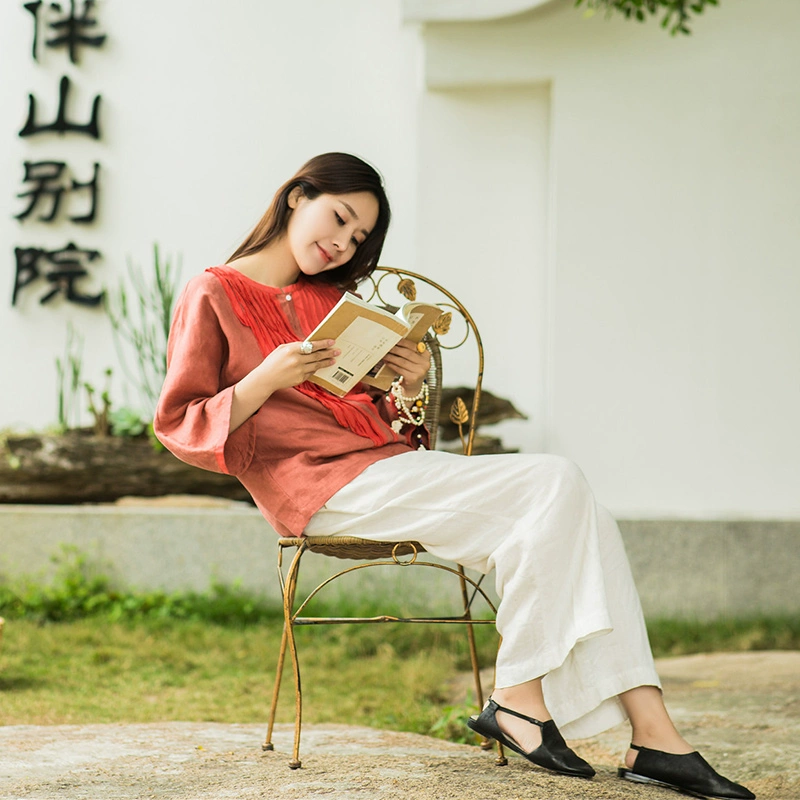 Ma Lin văn học quần áo ban đầu của phụ nữ 2021 mùa xuân và mùa thu mới placket vá trumpet tay áo sơ mi - Áo sơ mi