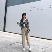 Hồng Kông hương vị retro màu đen và trắng sọc áo len phụ nữ đầu mùa thu 2018 mới lỏng V-Cổ dài tay áo khoác cardigan mỏng