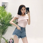 Dệt kim T-Shirt 2018 new sexy chữ thập cổ áo ra khỏi vai sọc màu slim Slim đáy áo