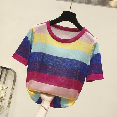 夏季新款韩风彩虹条纹圆领短袖冰丝针织衫t恤女宽松半袖上衣体恤_卷卷