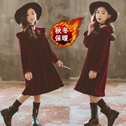 Váy bé gái Hàn Quốc nhung trẻ em màu đỏ rượu vang dạ hội chủ nhà váy dài tay váy mùa thu đông