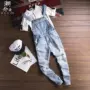 Nhật bản retro denim yếm jumpsuit nam quần vài mô hình ánh sáng hoang dã jeans của nam giới bib áo gió nam