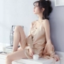 Hàn quốc phiên bản của áo ngủ nữ băng lụa sexy dây đeo màu rắn nightdress dài tay áo ngủ đồ ngủ nhà dịch vụ hai mảnh phù hợp với do ngu