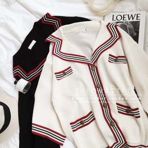 THEONE2018 Pháp Tòa phong cách lỏng rộng tay ve áo màu đỏ cạnh màu sắc phù hợp với túi áo len cardigan đầu mùa thu mới