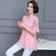 Áo thun ngắn tay voan rộng tay áo nữ kèn tay dài phần che bụng áo ren béo MM cỡ lớn áo nhỏ - Áo sơ mi chiffon ren