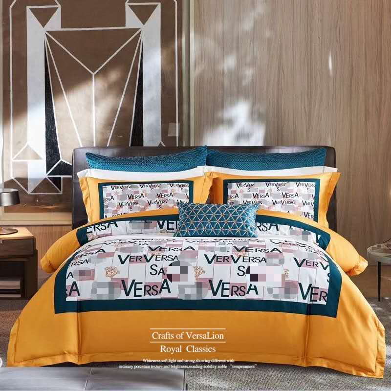Classic Letters & Yellow & 4-Piece Bedding SetNorthern Europe Light luxury new pattern bedding article Four piece suit Spring and summer 100 branch pure cotton printing Quilt cover satin-like cotton fabric bedding Bed cover
