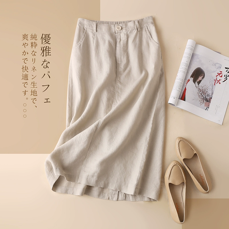 Váy nửa dài phụ nữ 2020 phụ nữ mới mùa xuân và mùa hè cotton và vải lanh giản dị vải lanh nửa váy văn học Nhật Bản váy cạp cao - Váy