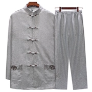 Trung niên và thêu Tang phù hợp với nam giới cotton và lanh tay ngắn phù hợp với phong cách Trung Quốc kích thước lớn giản dị Trung Quốc Fu từ cha trà quần áo - Trang phục dân tộc