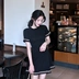 Hàn Quốc phiên bản của Chic màu rắn ngắn tay mới đan đầm nữ mùa hè màu đen cao eo hoang dã mỏng một từ váy ngắn A-Line Váy
