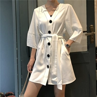 Mùa hè mới sang trọng khí đơn ngực váy ngắn tay hoang dã Hàn Quốc phiên bản của màu rắn cao eo slim v-cổ dress 	váy hạ eo xếp ly	