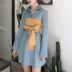 Hồng Kông-phong cách retro chic mùa xuân dài màu rắn dài tay ve áo + dây đeo nơ bọc ngực hai mảnh áo sơ mi nữ kẻ sọc dài tay Áo sơ mi