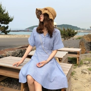 Ăn mặc nữ ngắn tay phần dài 2018 Hàn Quốc phiên bản của tính khí sang trọng lỏng Bỏ Lỡ chị ve áo đơn ngực A-line váy