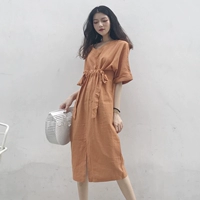 Hàn quốc phiên bản của chic phong cách màu rắn cao eo tẩm chia váy giản dị lỏng phần dài V-Cổ ngắn tay tính khí ăn mặc váy xòe xếp ly eo	