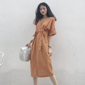 Hàn quốc phiên bản của chic phong cách màu rắn cao eo tẩm chia váy giản dị lỏng phần dài V-Cổ ngắn tay tính khí ăn mặc