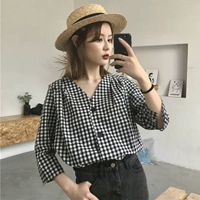 Mùa hè Hàn Quốc phiên bản của chic retro V-Cổ bảy điểm tay áo lưới nút áo sơ mi của phụ nữ hoang dã lỏng áo sơ mi mỏng áo sơ mi cộc tay