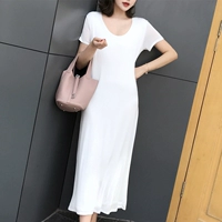 MMCO ◆ 2018 mùa xuân và mùa hè sản phẩm mới thiết kế đơn giản cạnh ánh sáng vườn cổ áo thiết kế t-shirt dress dài váy của phụ nữ trắng vay di bien