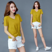 Top hè 2019 phụ nữ mới thủy triều ngắn thời trang cec siêu cháy cotton giản dị áo thun ngắn tay nữ cổ chữ v - Áo phông áo phông nữ cao cấp