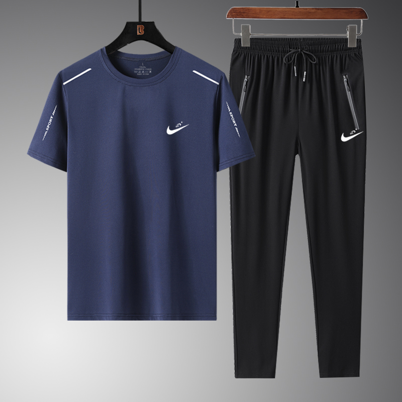 8822 Two Piece Dark Blue PantsNike summer Ice silk leisure time Sports suit male run Short sleeve T-shirt Crew neck Quick drying shorts Three piece suit