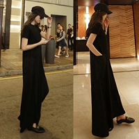 Черная мини-юбка, длинная юбка, южнокорейский товар, сверхдлинное длинное свободное платье, короткий рукав, А-силуэт