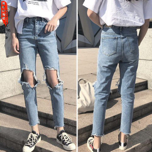 Social Nine Points 2018 New Boyfriend Wind Knee Big Hole Jeans Female Pale Copper Loose Xia Han Version Pale Blue