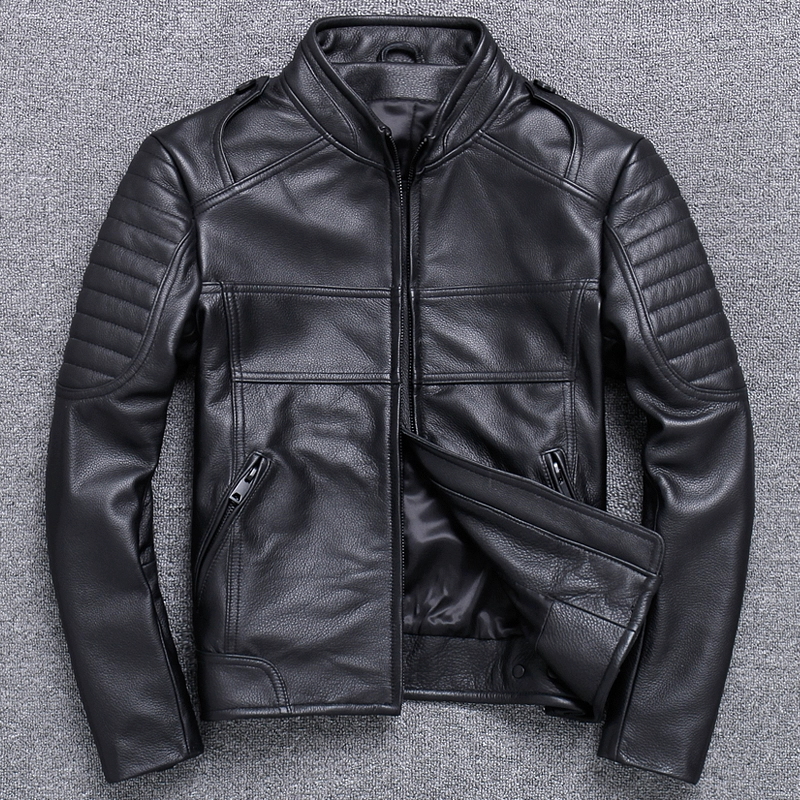 Da Da Nam Cổ áo mỏng Lớp đầu tiên Da tinh khiết Harley Motorcycle Áo khoác da Tough Guy Cycling Suit Pickup Jacket - Quần áo lông thú