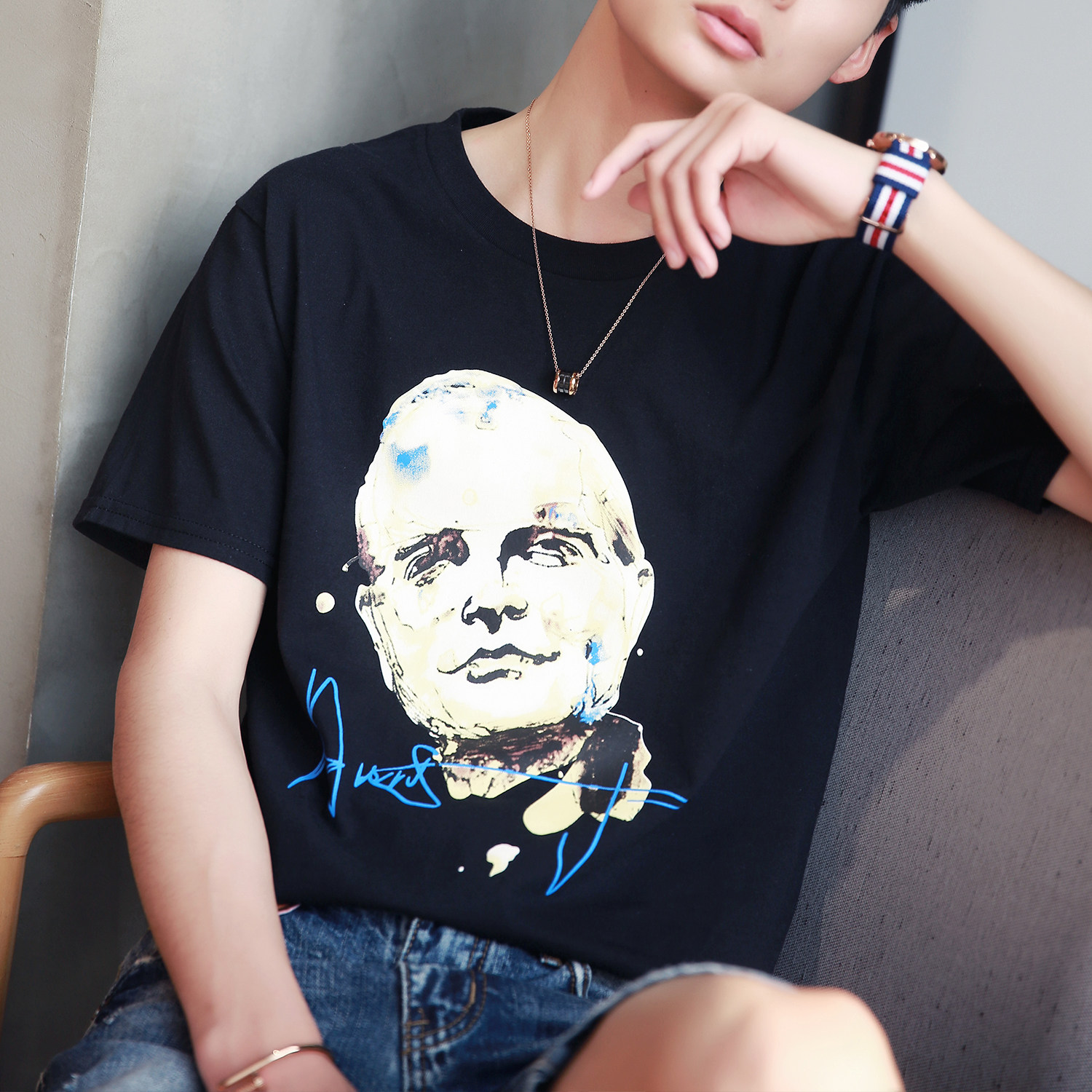 y8324 100%全棉,情侣人头印花,腰身无缝拼接设计 jp20