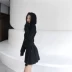 Thu đông 2018 phiên bản Hàn Quốc mới của hai bên thắt lưng eo áo thun nữ đầm thời trang nữ áo len dài tay trùm đầu Váy eo cao
