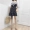 Dora Chaoren Hall Hồng Kông hương vị retro chic thư T-Shirt khâu ren side điểm sóng voan giả hai mảnh váy