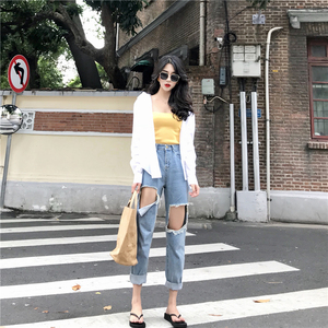 Hồng Kông-phong cách retro chic lại mở áo + yếm trong + lỗ cao eo chín jeans phù hợp với nữ triều