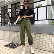 Dora Chaoren Hall Hồng Kông hương vị retro chic màu rắn ngắn tay T-Shirt + chùm chân chín quần quần âu phù hợp với nữ mùa hè