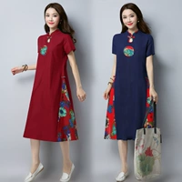 Xuân 2018 mới gió quốc gia size rộng cổ áo rộng sườn xám váy dài tay in hoa cotton và đầm lanh nữ váy len dáng dài