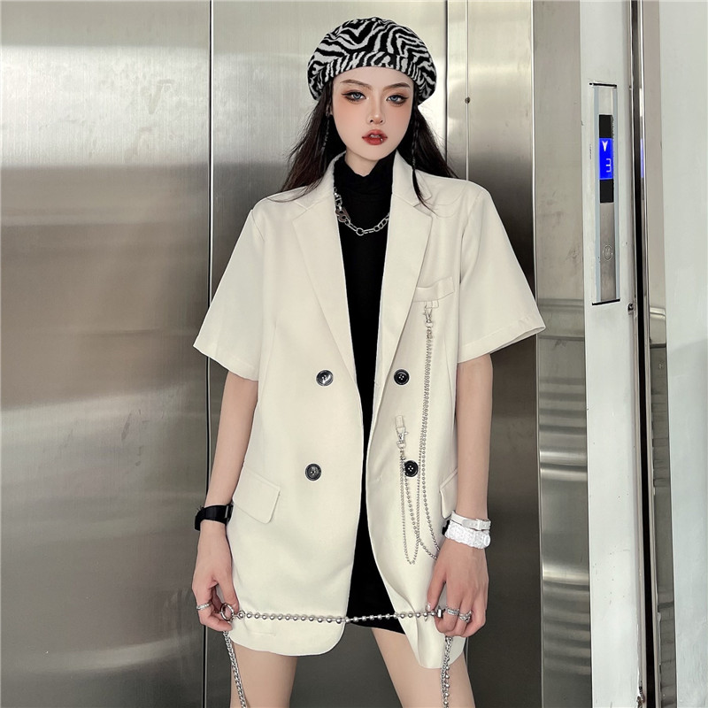 Off white short sleeveBlazer female spring and autumn 2021 new pattern Korean version ins Port style Medium and long term man 's suit easy leisure time jacket loose coat tide