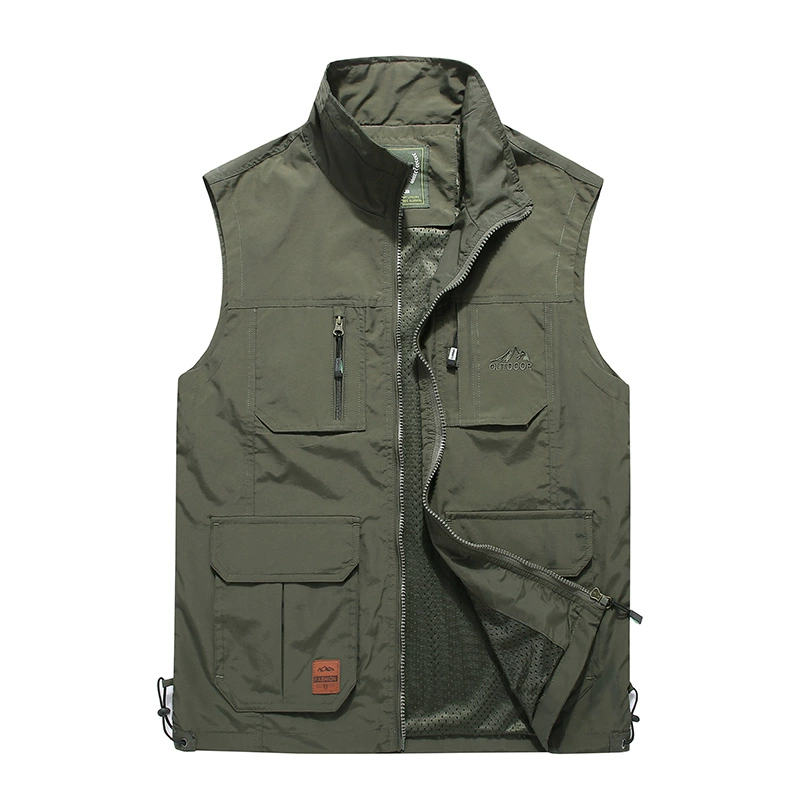 Xe jeep ngoài trời nhiều túi vest nam mùa xuân và mùa thu câu cá chụp ảnh dụng cụ vest mỏng phần đứng lên cổ áo vest - Dệt kim Vest