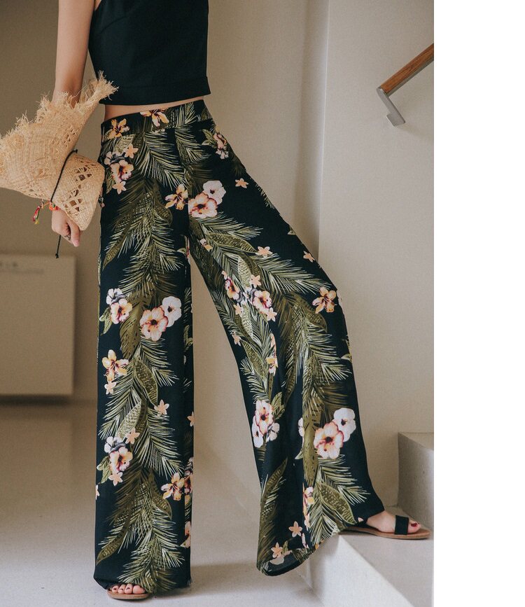 viss金 度假夏海边旅行欧美宽松碎花长裤雪纺阔腿花裤子女