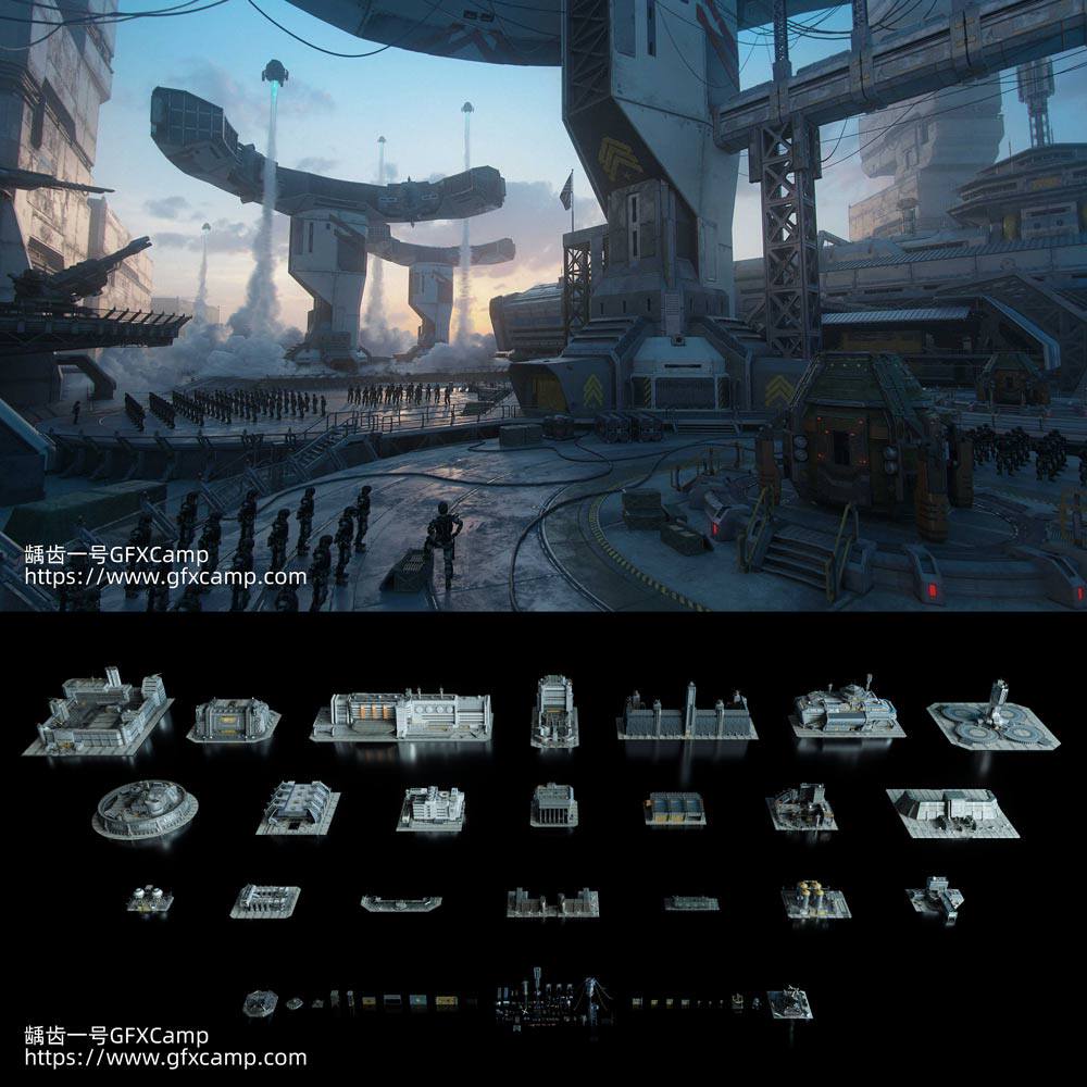 科幻军事基地战争建筑3D模型 C4D/MAX/FBX/OBJ/Maya/Blender/UE等-天天素材网