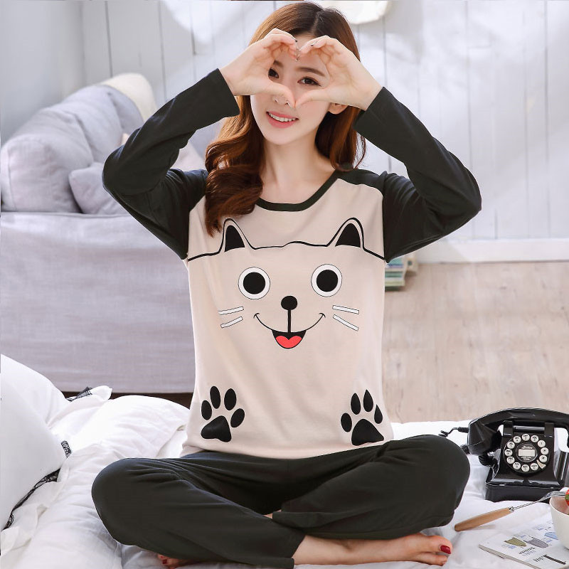 A Set Of Smiling Face Cat Long Sleevespajamas female autumn pure cotton Long sleeve Korean version fresh student autumn girl lovely Spring and Autumn leisure wear suit Thin