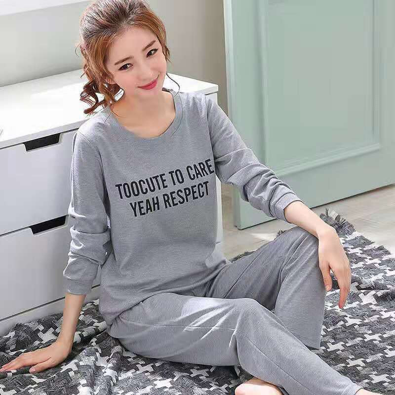A Set Of Grey Letters With Long Sleevespajamas female autumn pure cotton Long sleeve Korean version fresh student autumn girl lovely Spring and Autumn leisure wear suit Thin