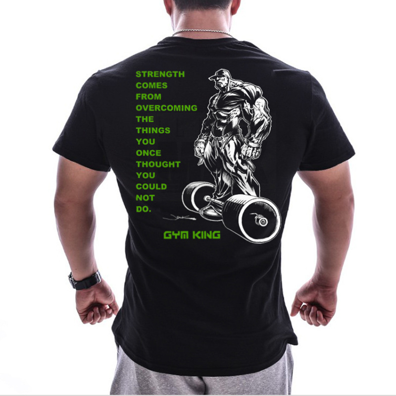 Black Green Barbellsummer new pattern muscle brother Short sleeve male easy Big size pure cotton elastic force motion T-shirt run train Fitness clothes