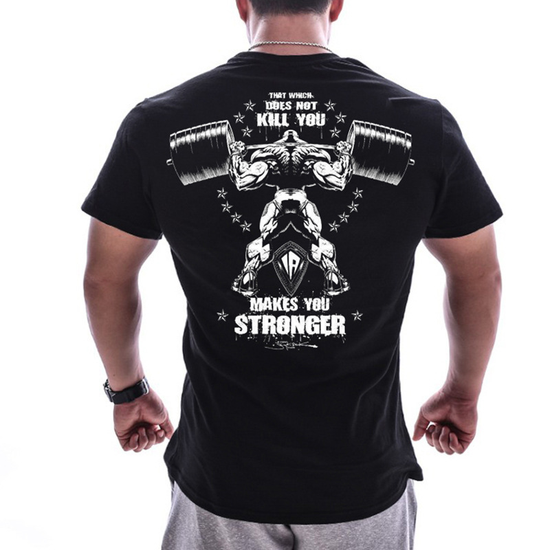 Black And White Weight Liftingsummer new pattern muscle brother Short sleeve male easy Big size pure cotton elastic force motion T-shirt run train Fitness clothes
