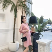 Mùa thu 2018 Phụ nữ mới mang thai Cho con bú Váy nối lưới Ren dài tay đan áo len cho bà bầu
