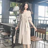 Hàn quốc phiên bản của chic phong cách màu rắn cao eo tẩm váy giản dị lỏng phần dài V-Cổ ngắn tay đầm nữ mùa hè đầm xoắn eo cao cấp